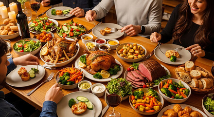 A diverse group of people enjoying a variety of dishes at a long table