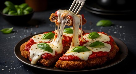 Fork lifting cheesy chicken parmesan with basil