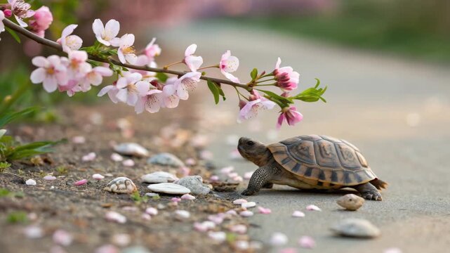 Small Turtle Walks Near Blooming Cherry Blossom Branch on Gravel Path