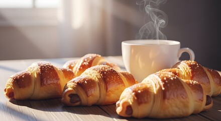 Fresh baked croissants and hot coffee on wooden table