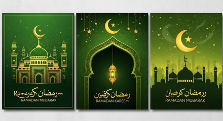 Three vibrant posters featuring mosques and crescent moons for ramadan celebration