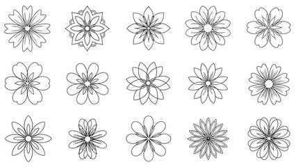Floral pattern collection of various stylized outline flower designs in white