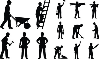 Construction worker silhouettes set showing various labor activities with tools ladders wheelbarrows and building tasks isolated on white background vector illustration icons © Creative Vector
