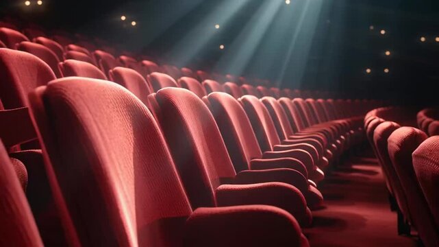 Luxurious red theater seats with dramatic spotlights shining down