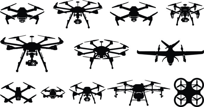 Drone silhouettes collection showing quadcopter hexacopter and fixed wing unmanned aerial vehicles for surveillance photography mapping technology vector icons design set illustration