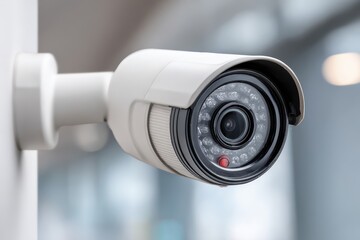 Close-up of a modern outdoor security camera attached to a white wall, focusing on surveillance and safety with clear visibility and modern design, providing peace of mind.