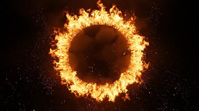 Dynamic fiery ring ignites with intense orange flames and swirling sparks against a dark cosmic background.