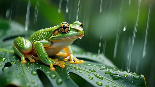 A vibrant Glass frog sits patiently on a wet leaf while raindrops fall gently in a lush rainforest environment.