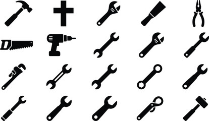 Fototapeta premium Hand tool icons set including hammer wrench drill saw pliers and spanners for construction repair maintenance and DIY projects isolated on white background