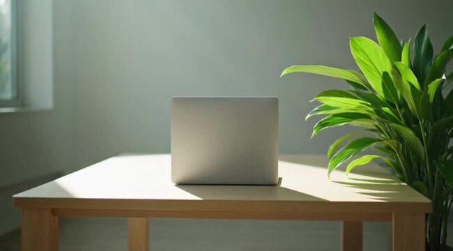 Aluminum laptop lid on a minimalist wooden desk with a potted plant representing remote work productivity and digital nomad lifestyle.