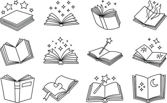 Magical Open Book Icons: Collection of simple line art drawings showcasing books, stars, sparkles, and magic wands for fantasy and learning themes.