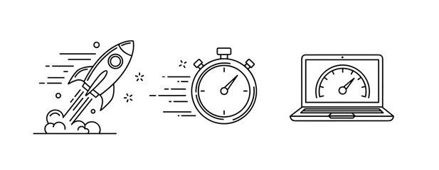 Rocket launch stopwatch laptop icon set representing speed and efficiency