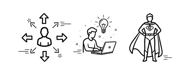 Business strategy concepts: growth, innovation, leadership icons in black and white