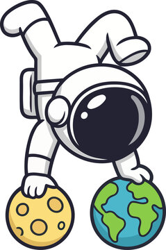 An astronaut effortlessly balances the Earth and Moon, showcasing grace and strength in a whimsical representation of space exploration and human curiosity.