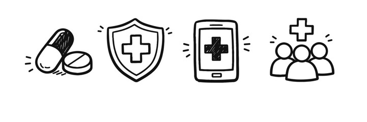 Obraz premium Healthcare icons: medicine, shield, smartphone, community health symbols