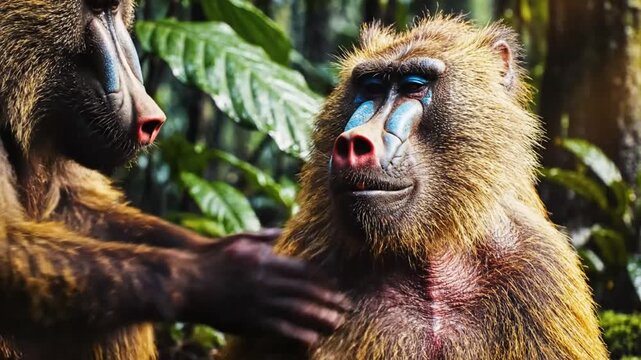 Two mandrills grooming and showing affection to each other in a lush green jungle environment with sunlit background