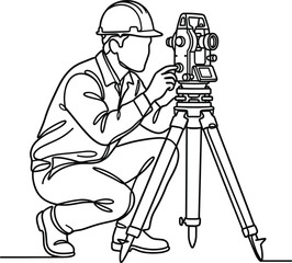 Fototapeta premium Surveyor engineer using total station equipment for land measurement, professional construction surveying and site mapping process line art illustration isolated on white background
