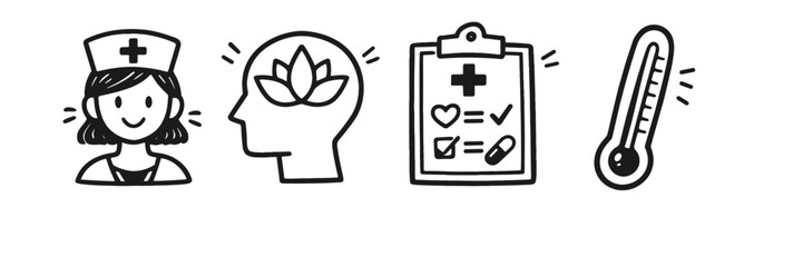 Fototapeta premium Healthcare icons: nurse, mental health, checklist, thermometer