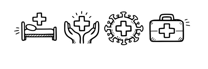 Medical icons illustrating healthcare, healing, virus prevention, and first aid