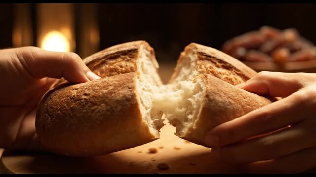 Close-up of hands breaking a fresh, rustic loaf of bread on a wooden board, symbolizing shared meals, tradition, and togetherness. Emphasizes hospitality, community, and the simple joy of breaking...