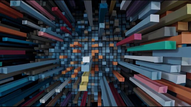 Colorful 3D Geometric Blocks Flying Through Abstract Tunnel