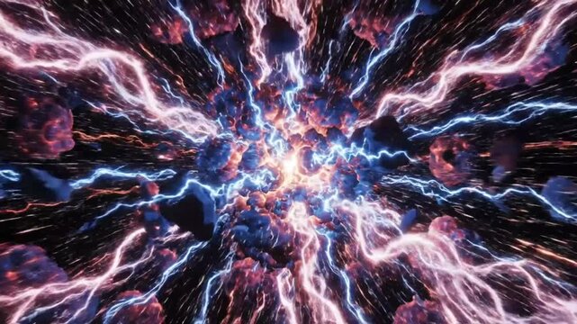 Epic CGI Space Destruction: Powerful Bright Explosion with Lightning and Shattered Asteroids in Cosmic Darkness