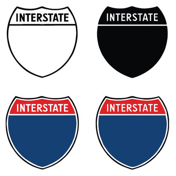 Interstate highway shield signs vector set: Outline, filled, and colored styles for road mapping, navigation, and travel design.