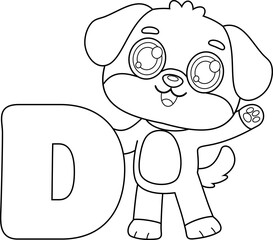 Naklejka premium Cute Dog Alphabet With Letter D Cartoon Character - Black and White Vector Hand Drawn Illustration Isolated On Transparent Background