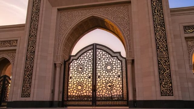 Ornate Middle Eastern architecture with intricate gates at sunset