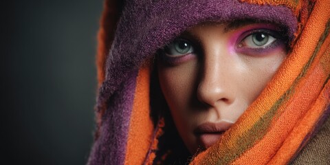 Woman with blue eyes in colorful scarf with pink makeup