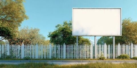 Blank billboard mockup standing by white picket fence
