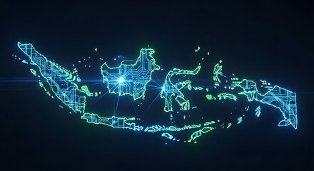 Glowing circuit board map of Indonesia with digital connections