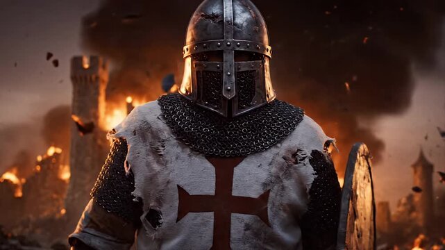 Cinematic Shot of Templar Warrior Leaving a Castle Destroyed by Fire
