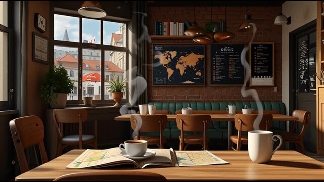 A cozy cafe corner with a laptop, coffee, and a map