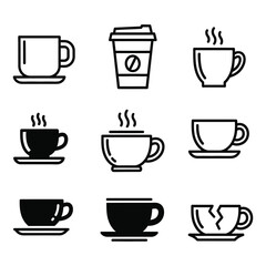 Coffee Cup Icons Set: Outline, Solid, Steaming, Disposable, and Broken Mugs