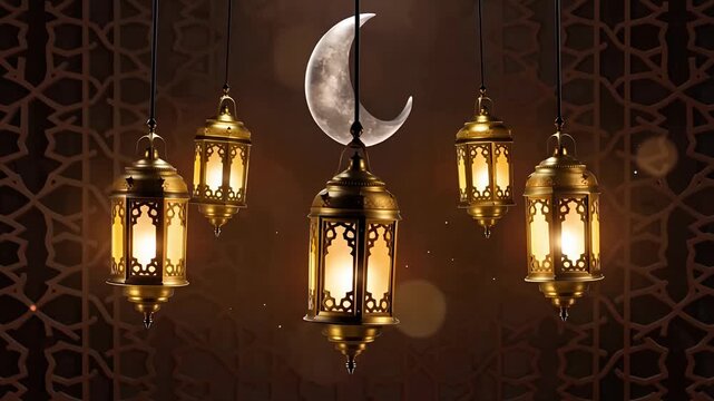 lanterns crescent moon night scene with warm amber glow and ornate lattice backdrop