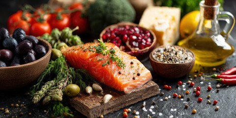 Preparing fresh salmon fillet with mediterranean cooking ingredients