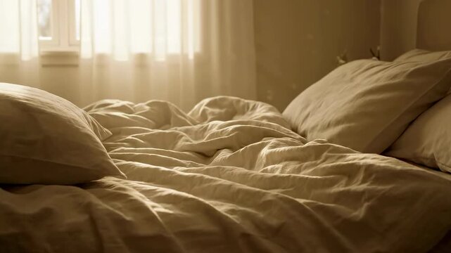 An intimate, low-angle shot of an empty, unmade bed with soft, rumpled linen sheets and scattered pillows.