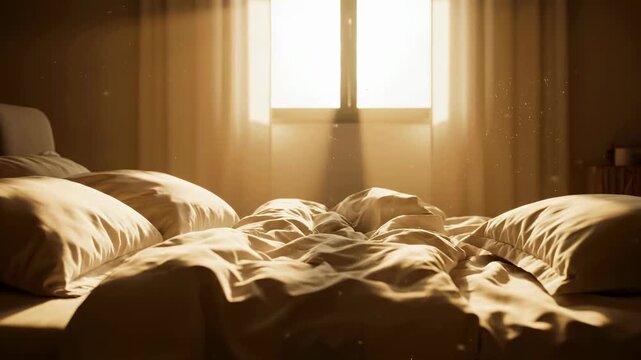 An intimate, low-angle shot of an empty, unmade bed with soft, rumpled linen sheets and scattered pillows.
