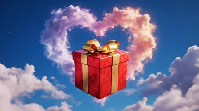 Red gift box with gold bow floating in the sky with a heart shaped cloud during the day