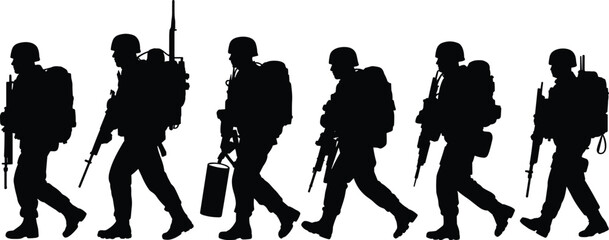 Military soldier silhouettes walking with rifles and tactical gear, army patrol unit black vector illustration isolated on white background © SreePobitra