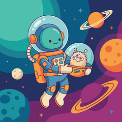 Fototapeta premium A vibrant illustration depicts an astronaut carrying a fluffy alien in a helmet, traversing a colorful galaxy filled with planets and stars, emphasizing friendship and curiosity in space.
