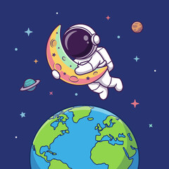 Fototapeta premium An imaginativeillustration of an astronaut effortlessly gliding on a crescent moon with Earth in thebackdrop, portraying a mix of creativity, adventure, and wonder about spaceexploration.