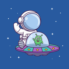 Naklejka premium A cuteand colorful illustration featuring an astronaut waving happily alongsidea friendly green alien in a whimsical UFO, showcasing a fun and imaginativeouter spacetheme.