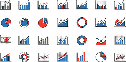 Business Analytics Charts Icons Set, Bar Graph, Pie Chart, Line Graph, Financial Growth And Market Statistics Dashboard Vector.
