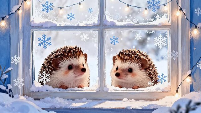Two hedgehogs in a snowy window
