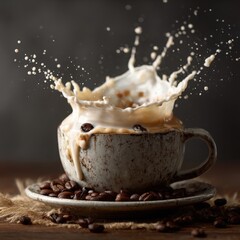 Coffee splash with milk creating dynamic beverage moment