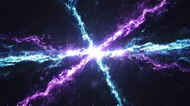 Blue and purple energy streams expand from flares, colliding dynamically to form an abstract cosmic pattern.
