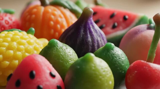 Assortment of brightly colored marzipan fruits sculpted into realistic shapes and textures, perfect for edible decoration or a delightful treat.