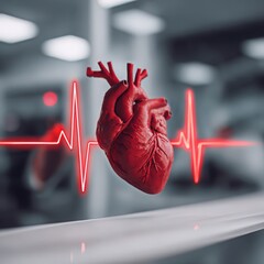 Human heart model with glowing cardiogram line